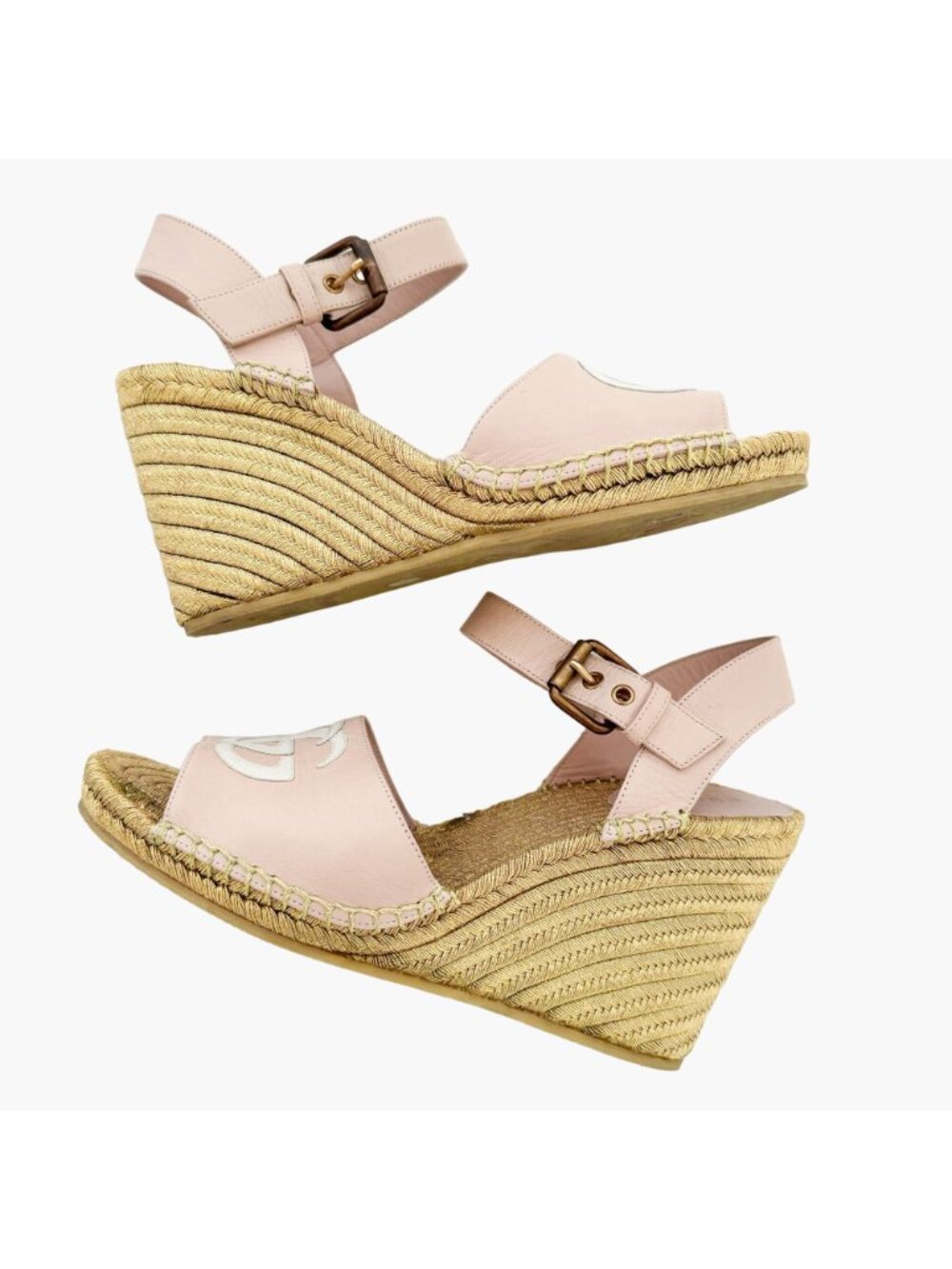 Gucci Flor GG Espadrille Wedge Sandals EU 39.5 US 9.5 Pink Gold Platform Heel - Picture 7 of 11